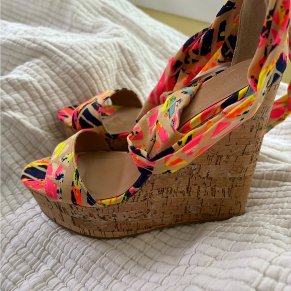NWT Sexy Strappy Cork BAMBOO Pink and Yellow Wedges - Picture 3 of 4